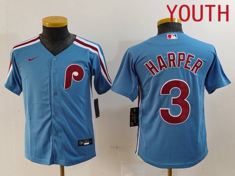 Youth Philadelphia Phillies #3 Harper Blue Throwback 2024 Nike MLB Jersey style 1